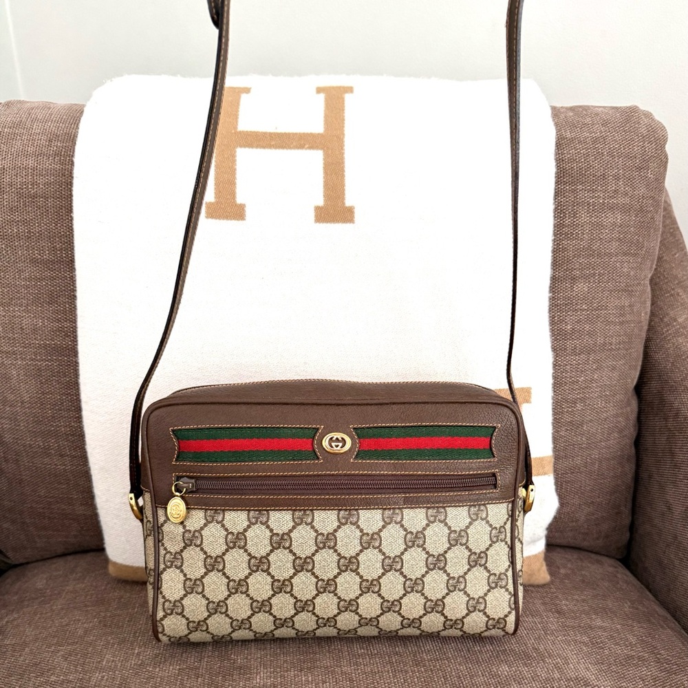 Authentic Gucci Ophedia crossbody bag brown monogram coated canvas brown leather